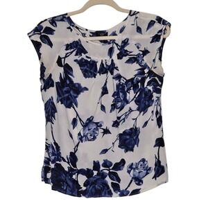 Talbots Petite Silk Top Sheer Floral Pleated Sleeveless Blue White‎ Blouse 8P